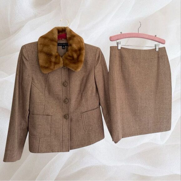 VTG Albert Nipon Boutique Fur Collar Tan Gold Sheen Wool Skirt Suit Size M/6/8P - Picture 1 of 16